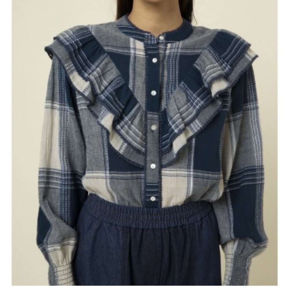 FRNCH Blue Plaid Ruffle Blouse